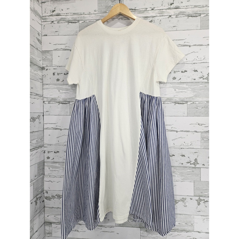 Via Womens Large Short‑Sleeve Midi Dress with Paneled Striped Mixed‑Media Cotton